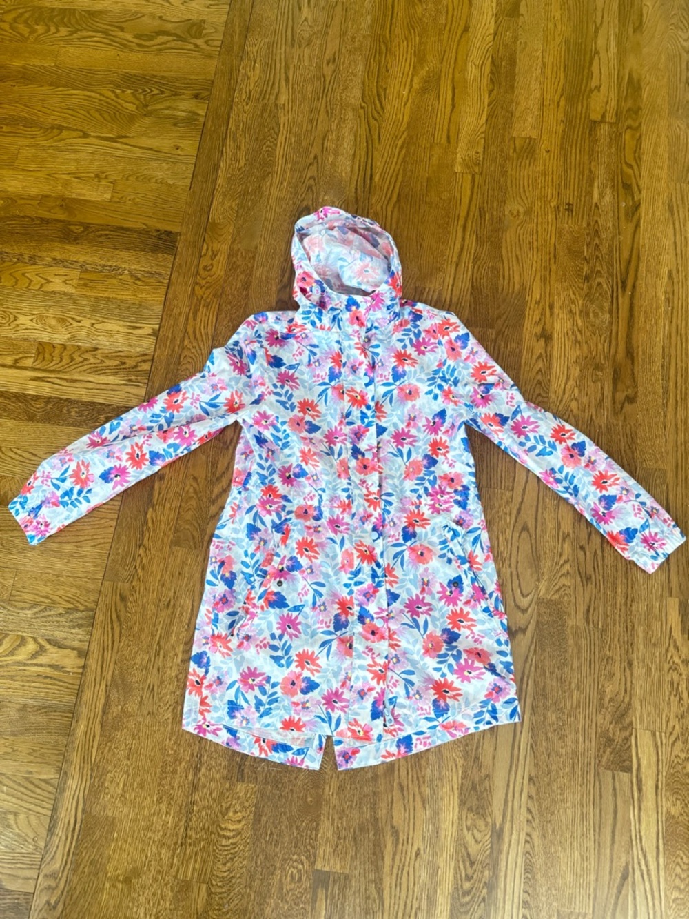Joules Floral Hooded Trench Coat in Pink and Blue